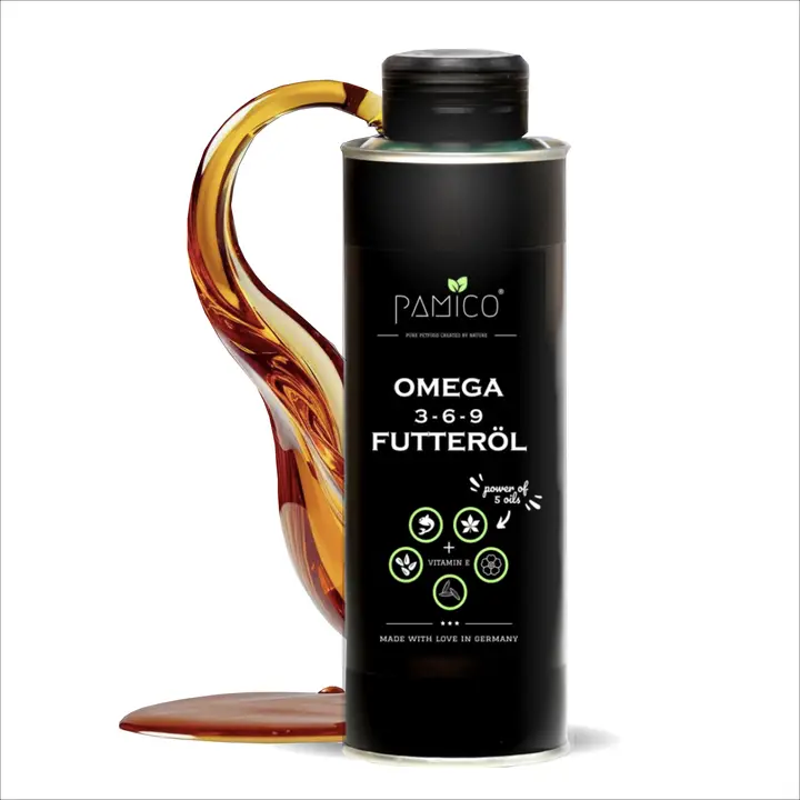 Huile alimentaire Oméga 3-6-9 + Vitamine E | Mélange de haute qualité d'huiles de saumon, chanvre, colza, onagre et cumin noir | pour BARF, croquettes et nourriture humide