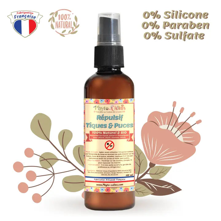 Spray répulsif tique, puce à base d'eau floral 100% naturel