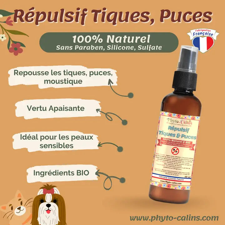 Spray répulsif tique, puce à base d'eau floral 100% naturel